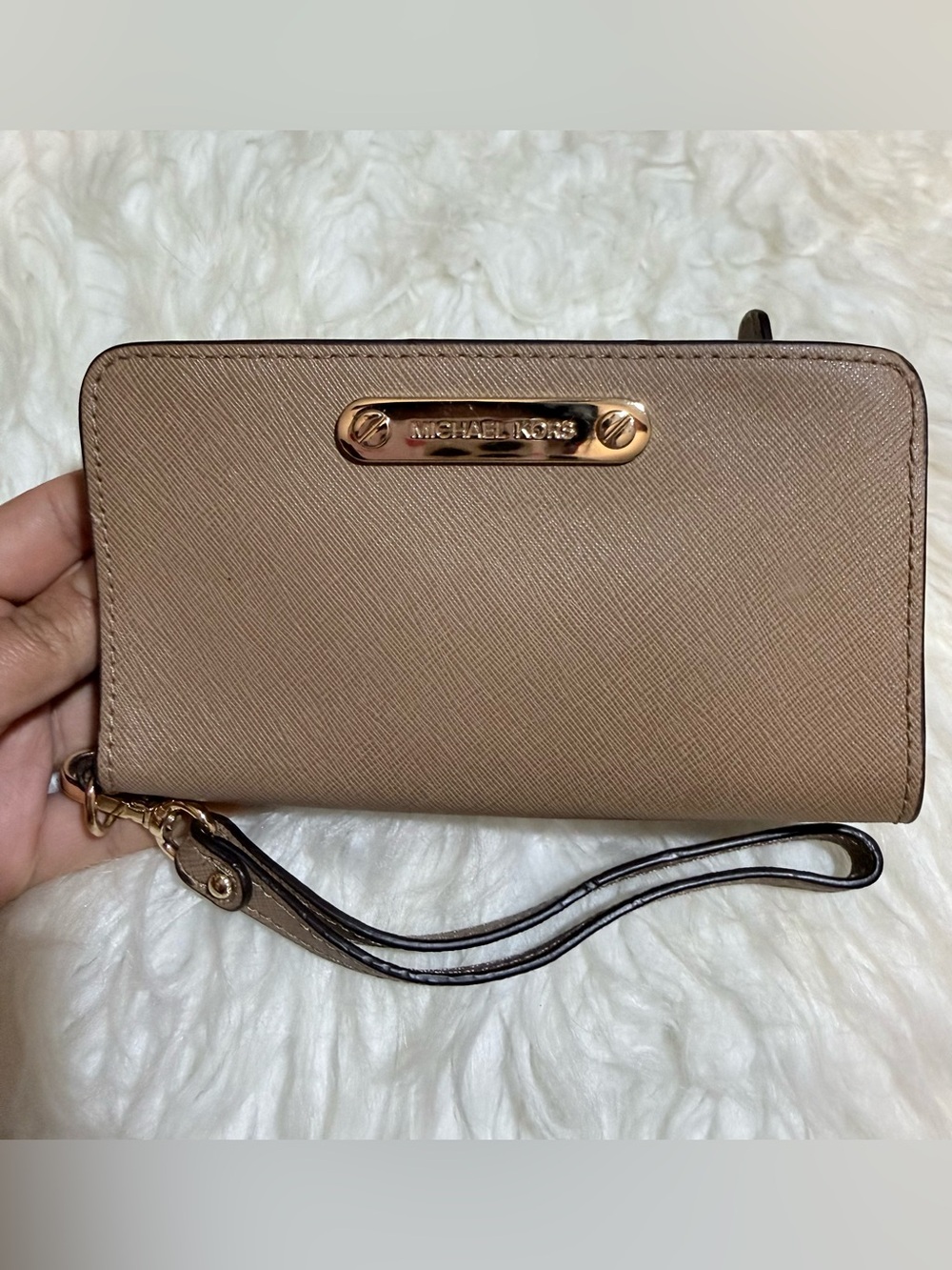 Michael Kors Taupe Saffiano Wristlet with Gold Plate